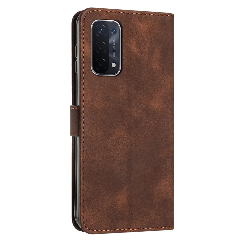 Pour Oppo A74 5G / A93 5G / A54 5G Folding Stand Wallet Mobile Case Triangle Imprint Leather Cover with Strap - Marron