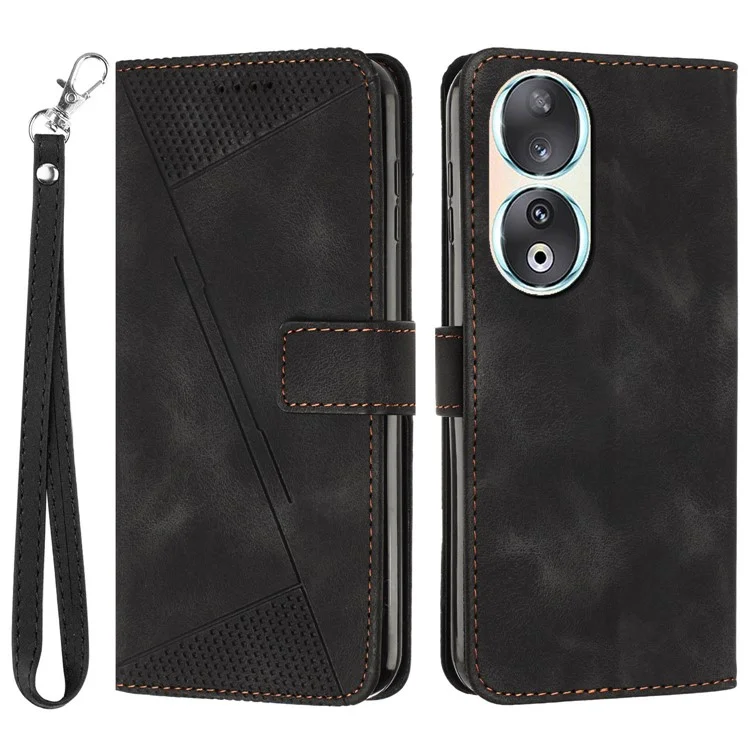 For Honor 90 Carteira de Couro Anti-queda Capa de Telefone Impressão Triangular Suporte Dobrável com Alça - Preto