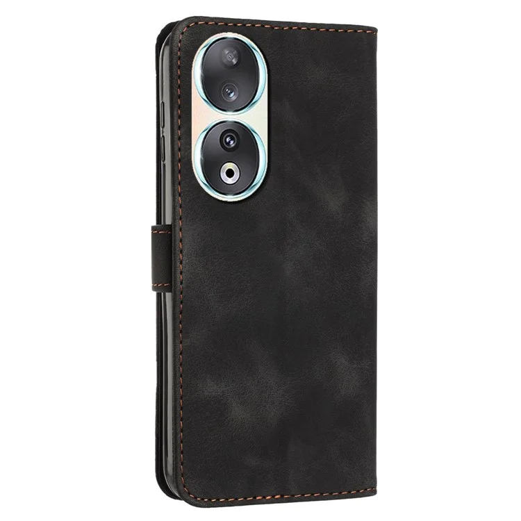 For Honor 90 Carteira de Couro Anti-queda Capa de Telefone Impressão Triangular Suporte Dobrável com Alça - Preto