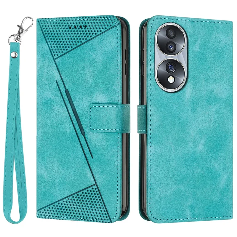 Protective Shell for Honor 70 5G Triangle Imprint Leather Stand Wallet Mobile Phone Cover with Strap - Green