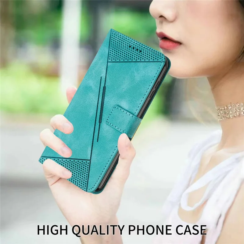 Protective Shell for Honor 70 5G Triangle Imprint Leather Stand Wallet Mobile Phone Cover with Strap - Green