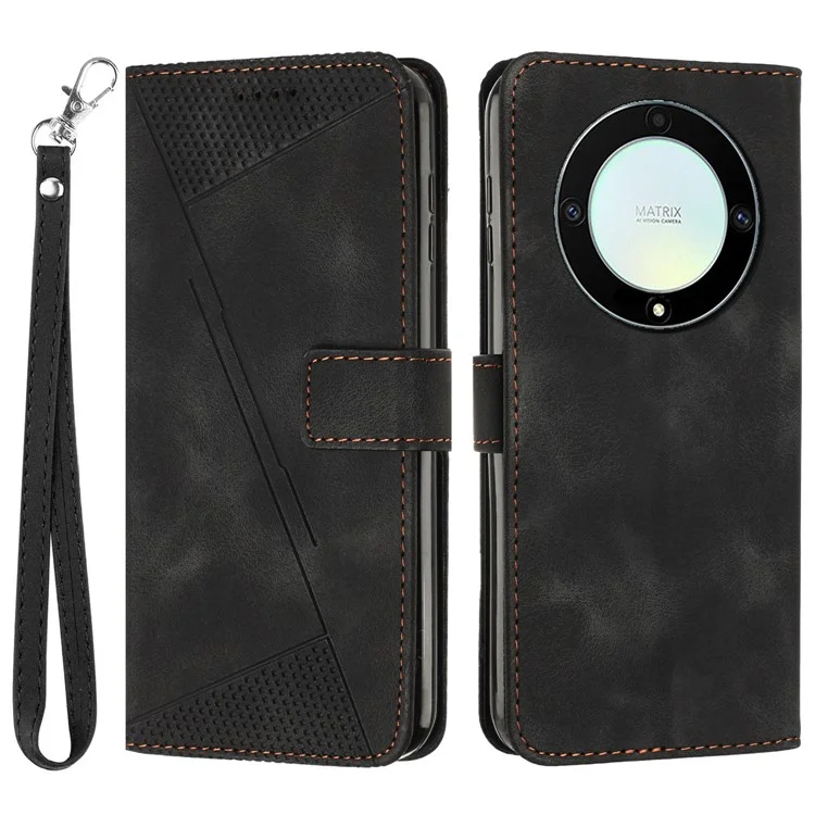 Funda de teléfono para Honor X9a 5G / X40 5G / Magic5 Lite 5G Bien protegido Funda de cartera de cuero de PU con patrón de triángulo impreso - Negro