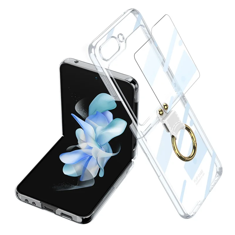 GKK For Samsung Galaxy Z Flip5 5G Clear Case Hard PC Ring Kickstand Phone Cover with Back Screen Protector - Transparent