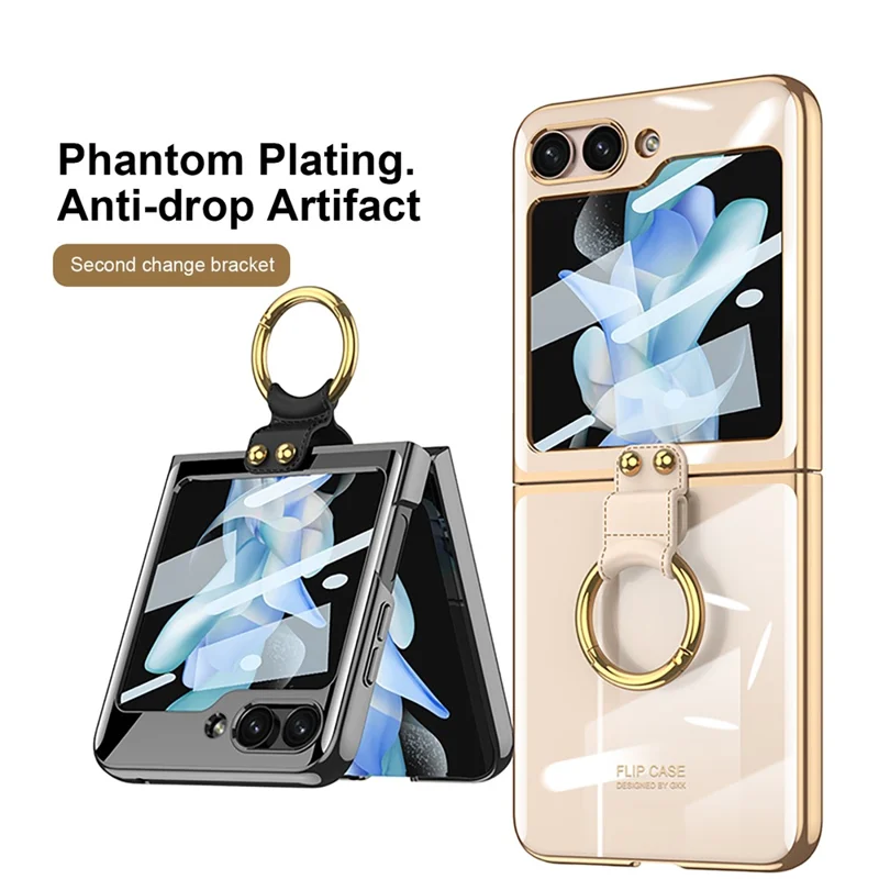 GKK For Samsung Galaxy Z Flip5 5G Clear Case Hard PC Ring Kickstand Phone Cover with Back Screen Protector - Transparent