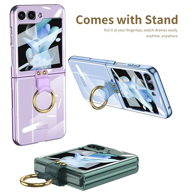 GKK For Samsung Galaxy Z Flip5 5G Clear Case Hard PC Ring Kickstand Phone Cover with Back Screen Protector - Transparent
