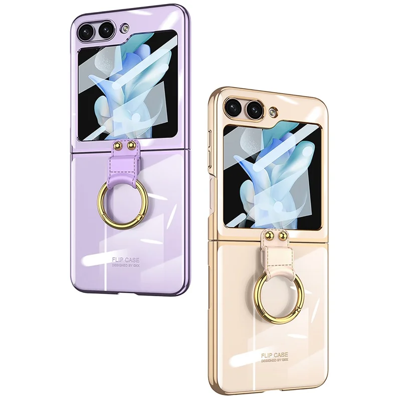 GKK لجهاز Samsung Galaxy Z Flip5 5G غطاء شفاف صلب من مادة البولي كربونات مع حلقة للفINGER وحامل لهاتف مع واقي شاشة خلفي - أسود