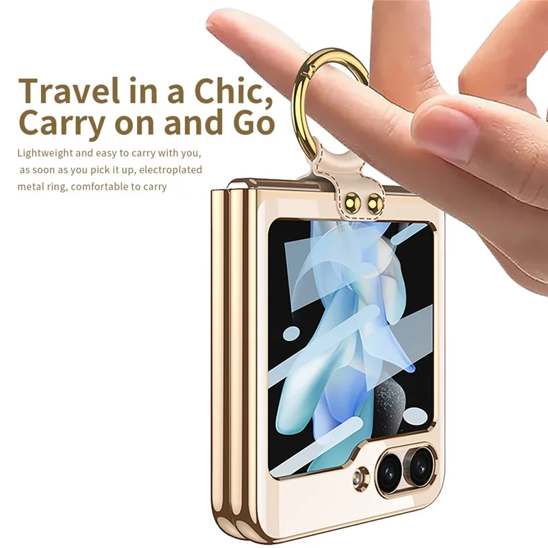 GKK لجهاز Samsung Galaxy Z Flip5 5G غطاء شفاف صلب من مادة البولي كربونات مع حلقة للفINGER وحامل لهاتف مع واقي شاشة خلفي - أسود