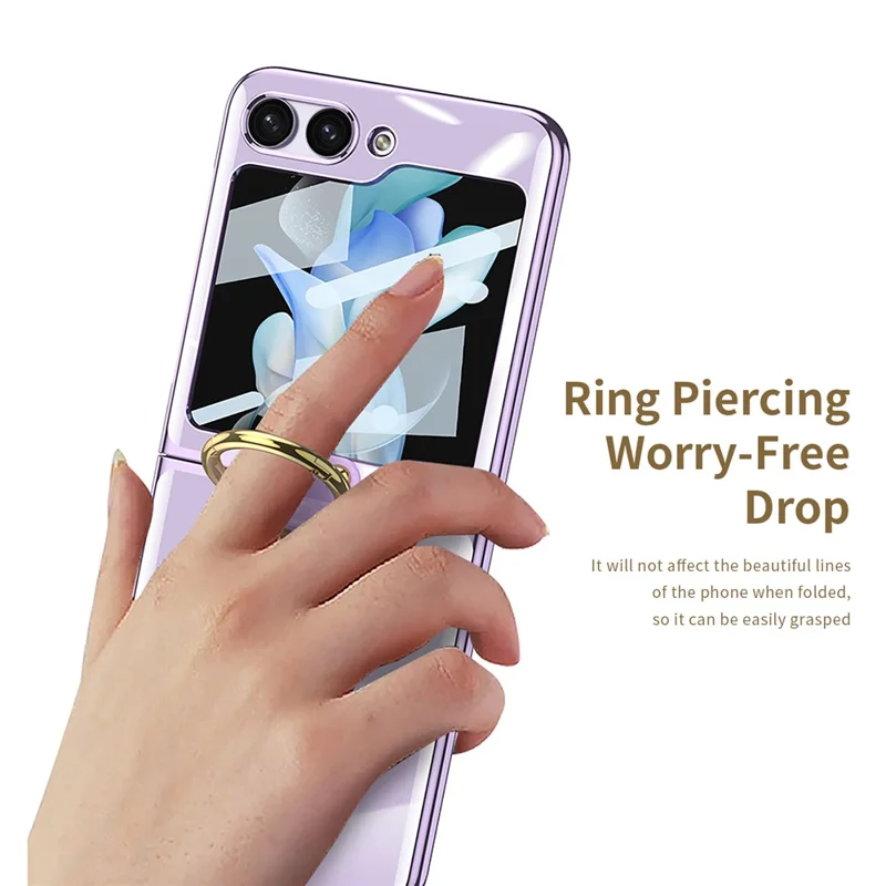 GKK لجهاز Samsung Galaxy Z Flip5 5G غطاء شفاف صلب من مادة البولي كربونات مع حلقة للفINGER وحامل لهاتف مع واقي شاشة خلفي - أسود