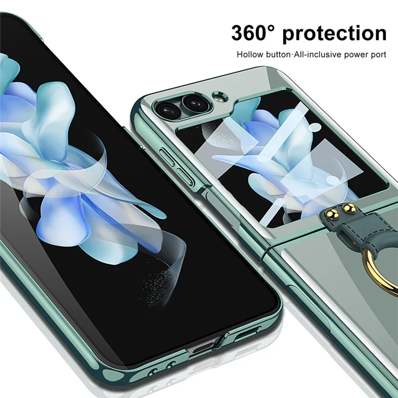 GKK لجهاز Samsung Galaxy Z Flip5 5G غطاء شفاف صلب من مادة البولي كربونات مع حلقة للفINGER وحامل لهاتف مع واقي شاشة خلفي - أسود