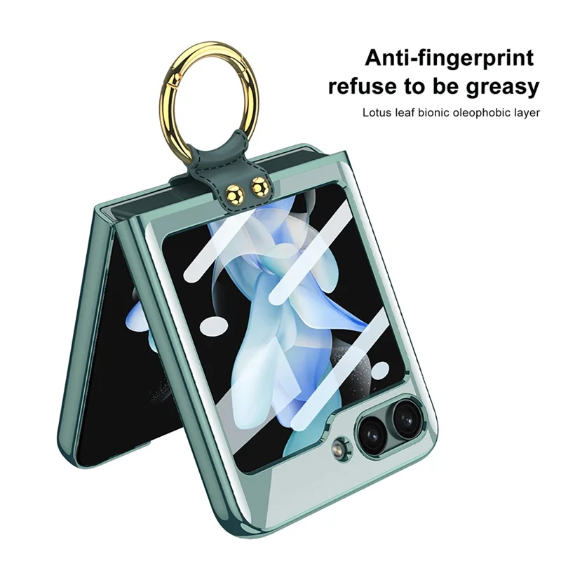 GKK لجهاز Samsung Galaxy Z Flip5 5G غطاء شفاف صلب من مادة البولي كربونات مع حلقة للفINGER وحامل لهاتف مع واقي شاشة خلفي - أسود