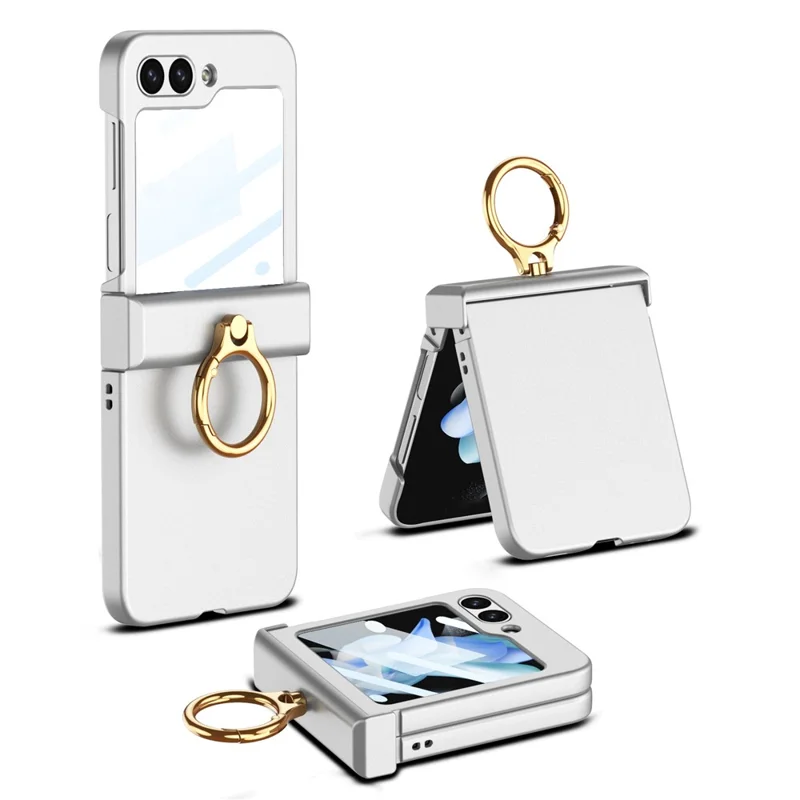 GKK For Samsung Galaxy Z Flip5 5G Hinge Protection Phone Case Hard PC Kickstand Cover with Small Screen Film - Silver