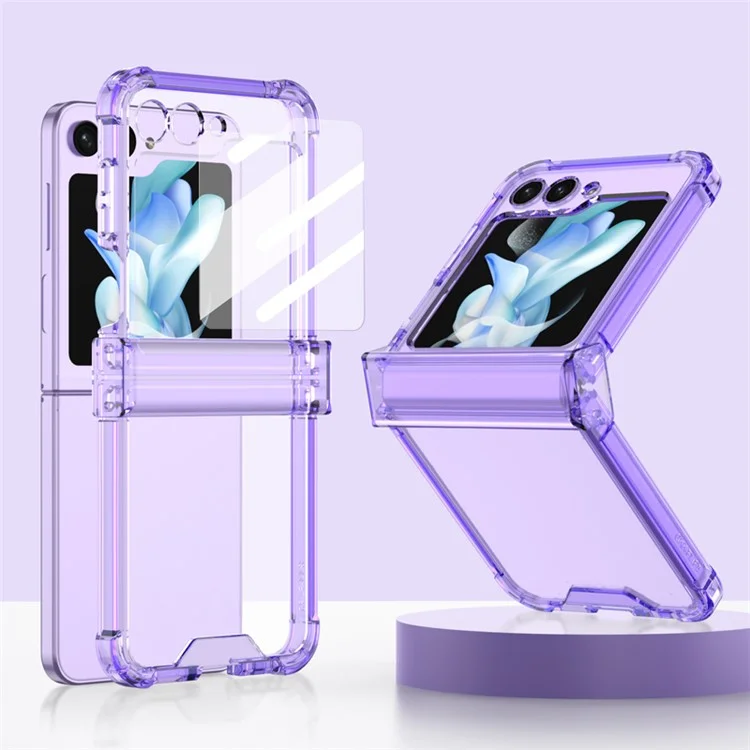GKK For Samsung Galaxy Z Flip5 5G Hinge Protection TPU Case Reinforced Corners Phone Cover with Small Screen Protector - Transparent Purple