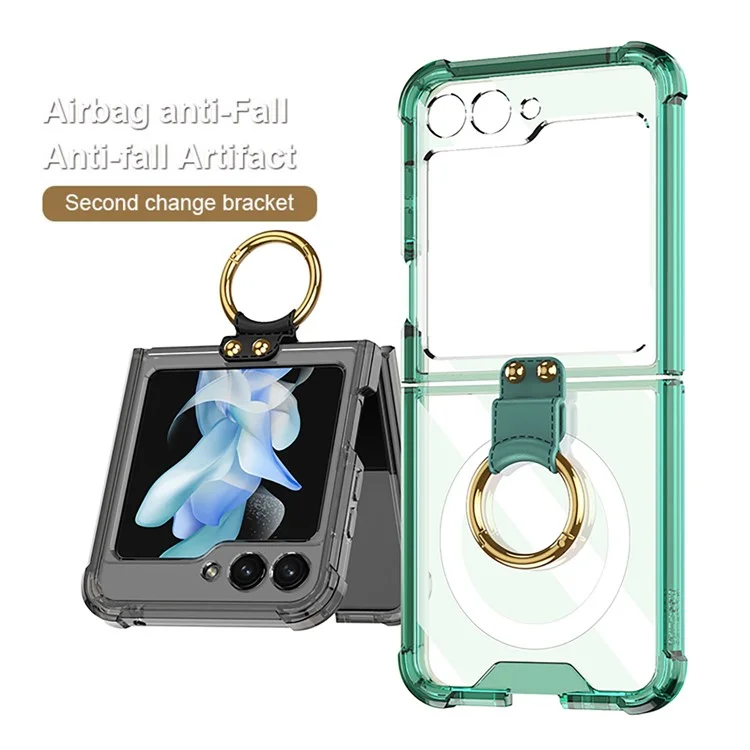 GKK Per Samsung Galaxy Z Flip5 5G Kickstand Phone Case Airbag TPU Magnetic Cover - Verde Trasparente