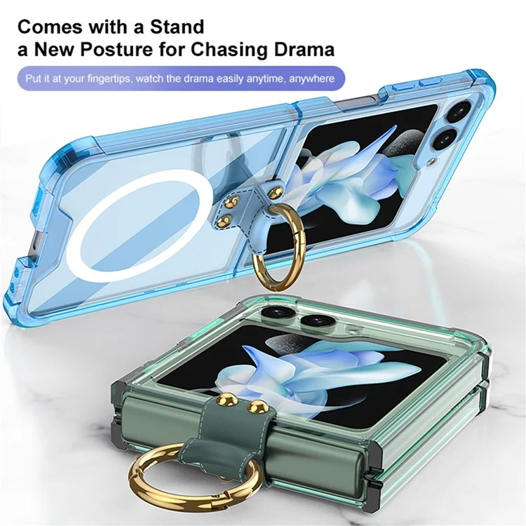 GKK Per Samsung Galaxy Z Flip5 5G Kickstand Phone Case Airbag TPU Magnetic Cover - Verde Trasparente