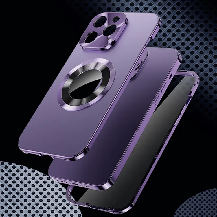 Para iPhone 14 Pro Magnetic Phone Case Compatível com MagSafe PC+Alumínio Liga+ Anti-peep Vidro Temperado Capa de Telefone - Roxo
