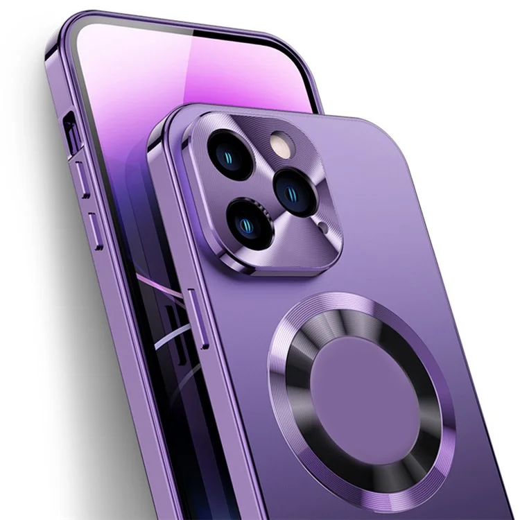 Para iPhone 14 Pro Magnetic Phone Case Compatível com MagSafe PC+Alumínio Liga+ Anti-peep Vidro Temperado Capa de Telefone - Roxo