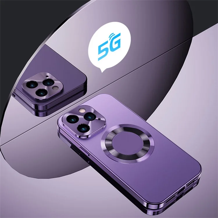 Para iPhone 14 Pro Magnetic Phone Case Compatível com MagSafe PC+Alumínio Liga+ Anti-peep Vidro Temperado Capa de Telefone - Roxo