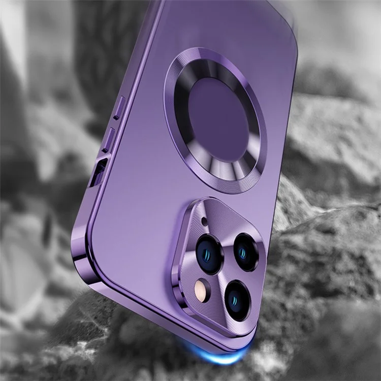 Para iPhone 14 Pro Magnetic Phone Case Compatível com MagSafe PC+Alumínio Liga+ Anti-peep Vidro Temperado Capa de Telefone - Roxo