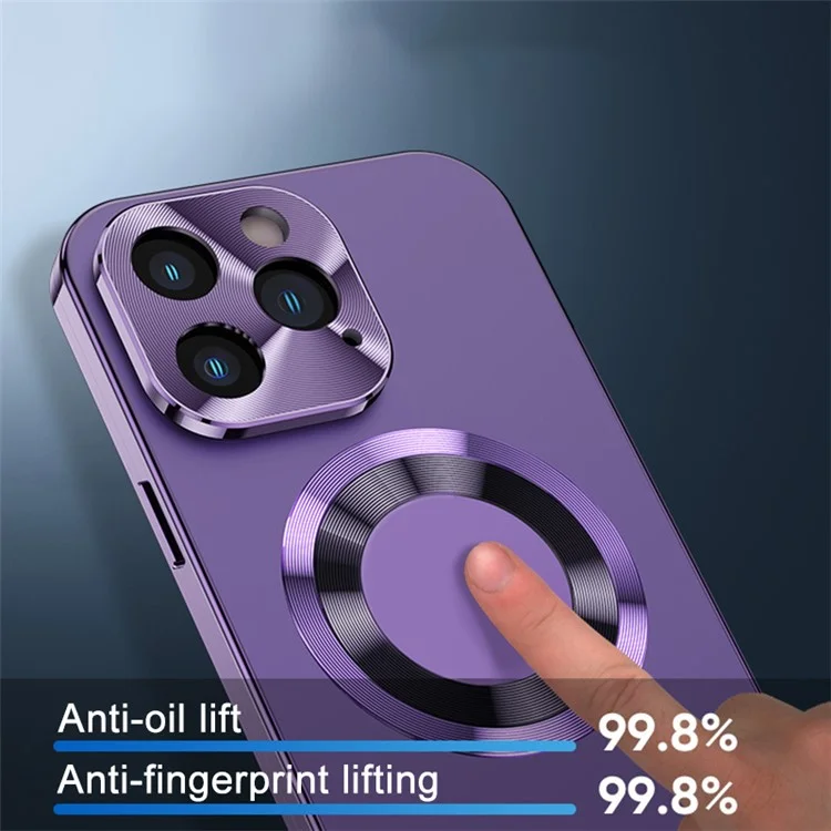 Para iPhone 14 Pro Magnetic Phone Case Compatível com MagSafe PC+Alumínio Liga+ Anti-peep Vidro Temperado Capa de Telefone - Roxo