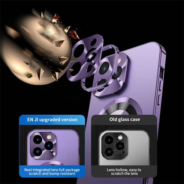 Para iPhone 14 Pro Magnetic Phone Case Compatível com MagSafe PC+Alumínio Liga+ Anti-peep Vidro Temperado Capa de Telefone - Roxo