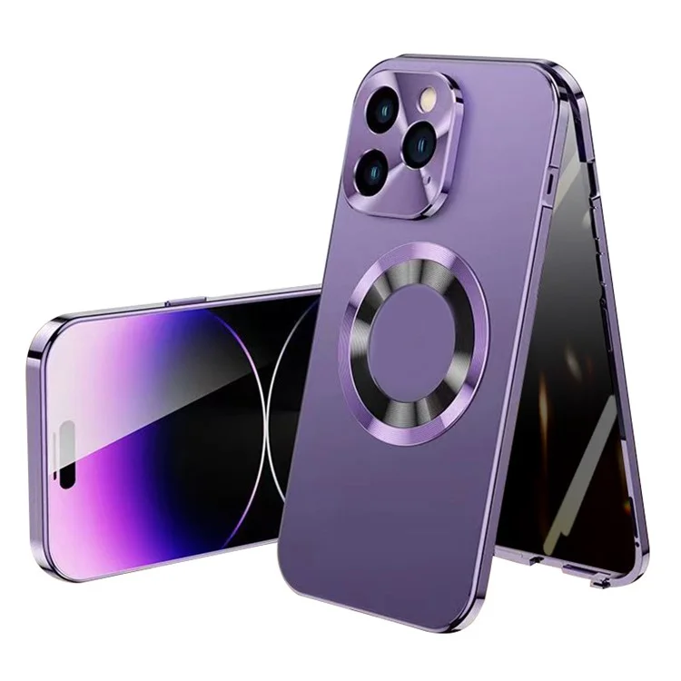 For iPhone 14 Pro Aluminium Alloy+PC Hybrid Phone Cover with HD Tempered Glass Film Compatible with MagSafe - Purple
