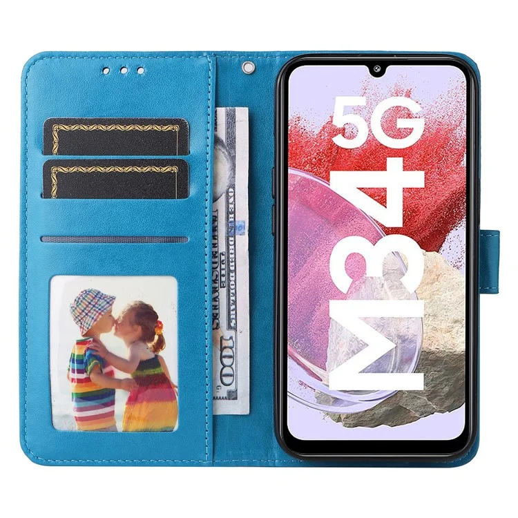 Für Samsung Galaxy F34 5G / M34 5G Kratzfeste Handyhülle Sonnenblumen-Prägung PU-Leder Brieftasche Ständer Hülle - Blau