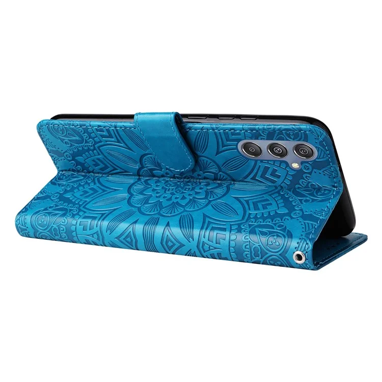 Für Samsung Galaxy F34 5G / M34 5G Kratzfeste Handyhülle Sonnenblumen-Prägung PU-Leder Brieftasche Ständer Hülle - Blau