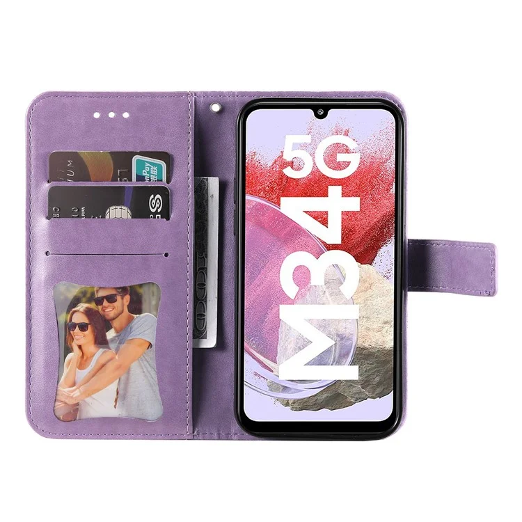 Drop Proof Stand Cover für Samsung Galaxy F34 5G / M34 5G Flower Imprint PU Leder Geldbörse Handyhülle - Lila