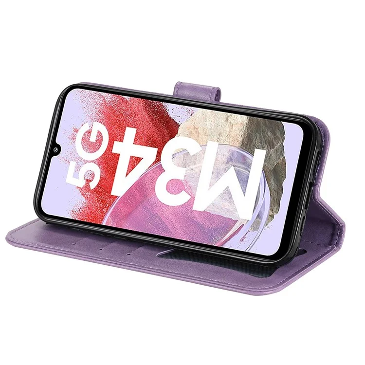 Drop Proof Stand Cover für Samsung Galaxy F34 5G / M34 5G Flower Imprint PU Leder Geldbörse Handyhülle - Lila