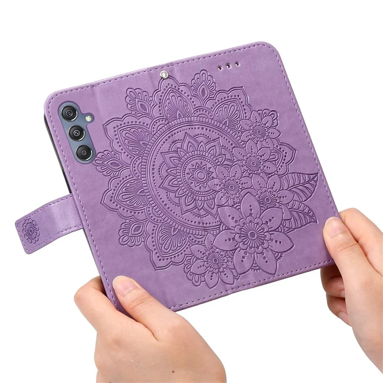 Drop Proof Stand Cover für Samsung Galaxy F34 5G / M34 5G Flower Imprint PU Leder Geldbörse Handyhülle - Lila