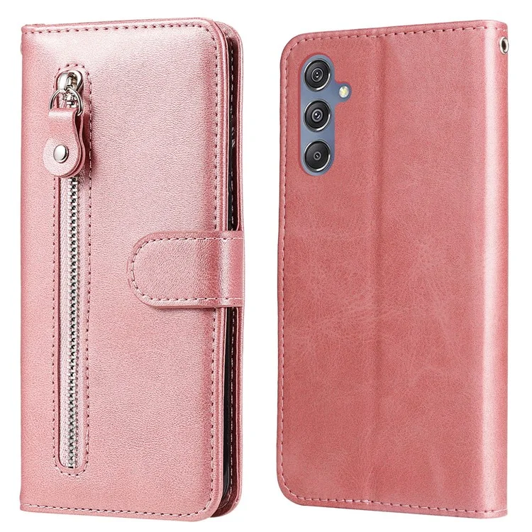 Für Samsung Galaxy F34 5G / M34 5G Kalbleder-Handyhülle mit Portemonnaie, Ständer und Reißverschlussfach - Pink