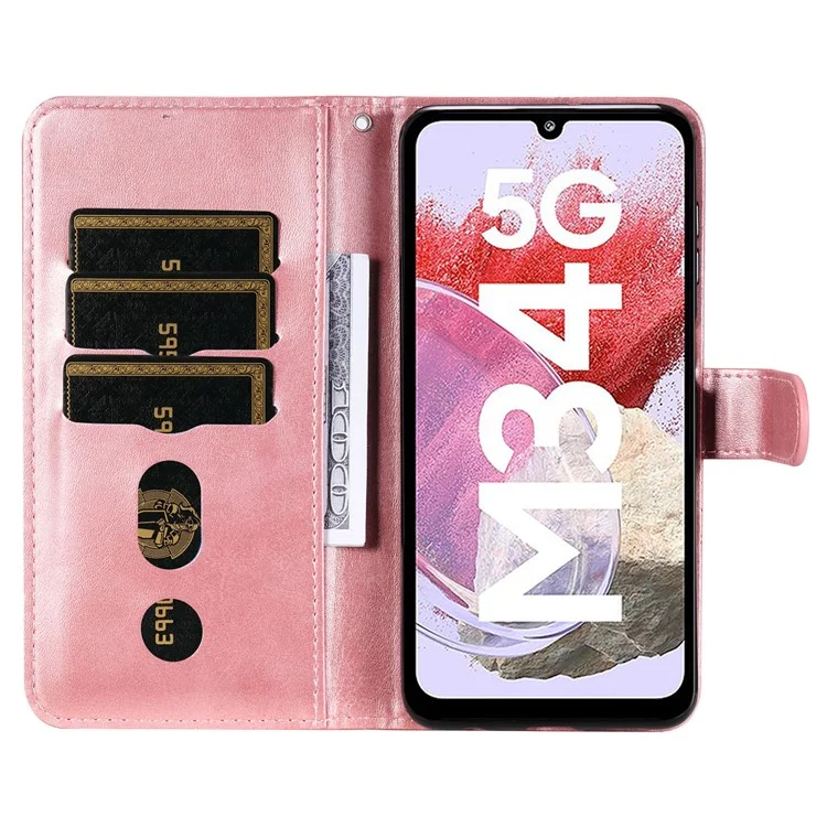 Für Samsung Galaxy F34 5G / M34 5G Kalbleder-Handyhülle mit Portemonnaie, Ständer und Reißverschlussfach - Pink