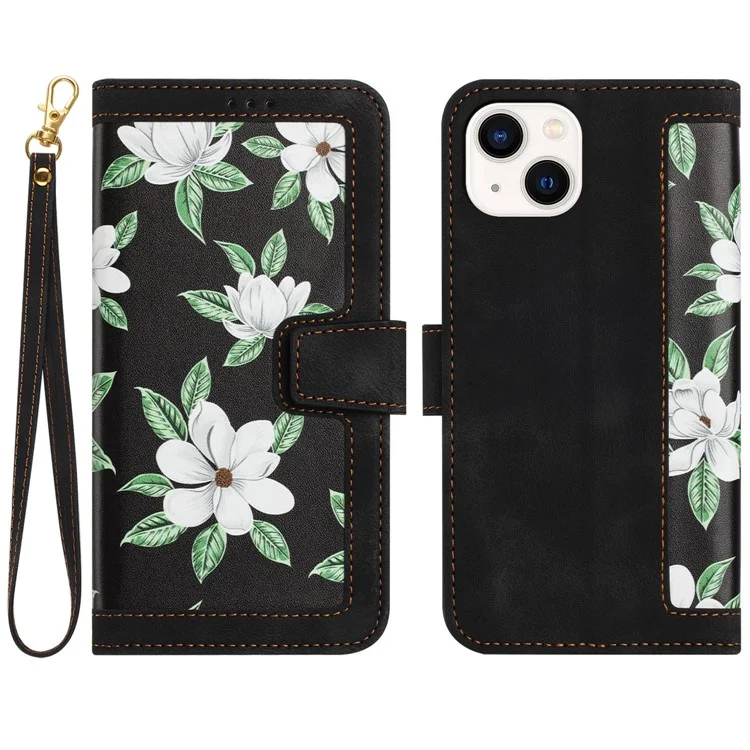 Étui de support pour téléphone en cuir PU pour iPhone 14 Plus, pochette pour cartes à motif floral - Noir