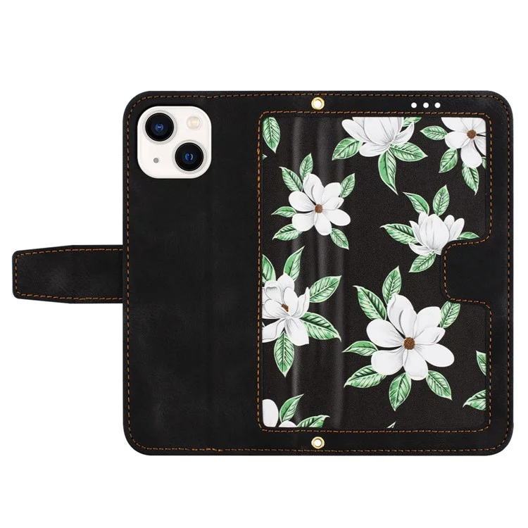 Étui de support pour téléphone en cuir PU pour iPhone 14 Plus, pochette pour cartes à motif floral - Noir