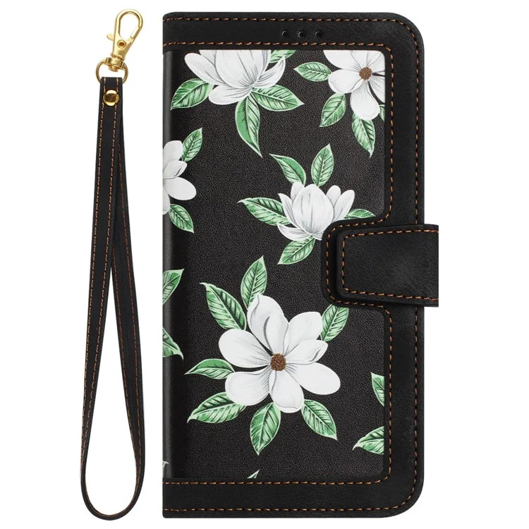 Étui de support pour téléphone en cuir PU pour iPhone 14 Plus, pochette pour cartes à motif floral - Noir