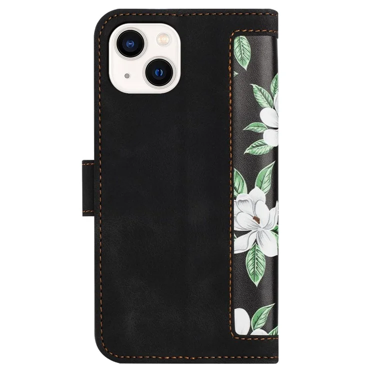 Étui de support pour téléphone en cuir PU pour iPhone 14 Plus, pochette pour cartes à motif floral - Noir