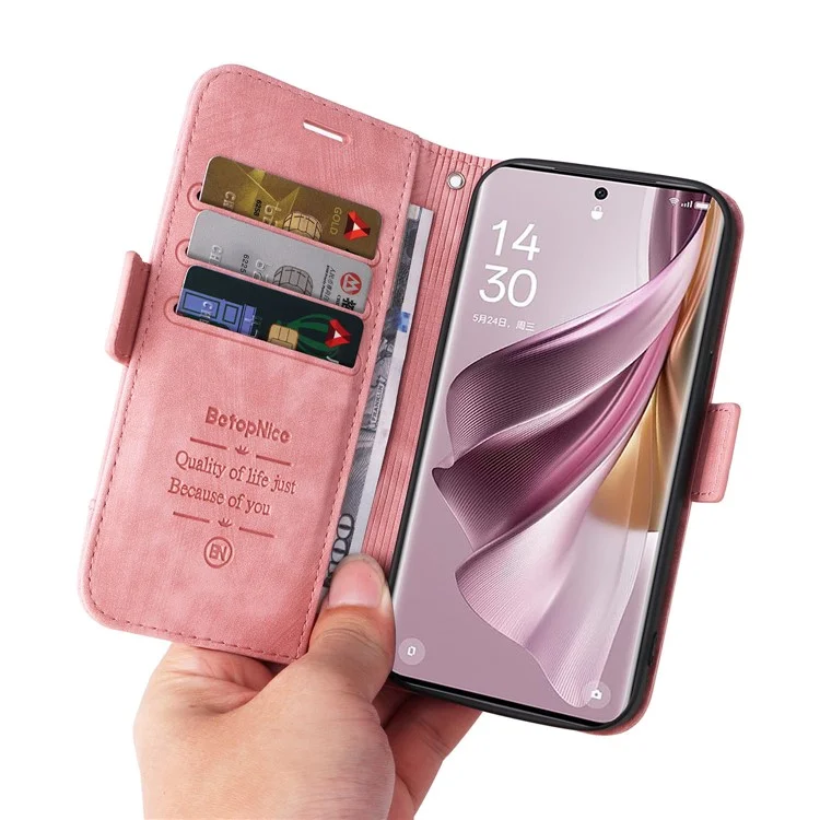 BETOPNICE 001 Für Oppo Reno10 Pro+ 5G PU-Leder Handyhülle Klapphülle mit Ständer Geldbörse Stoßfeste Hülle - Pink