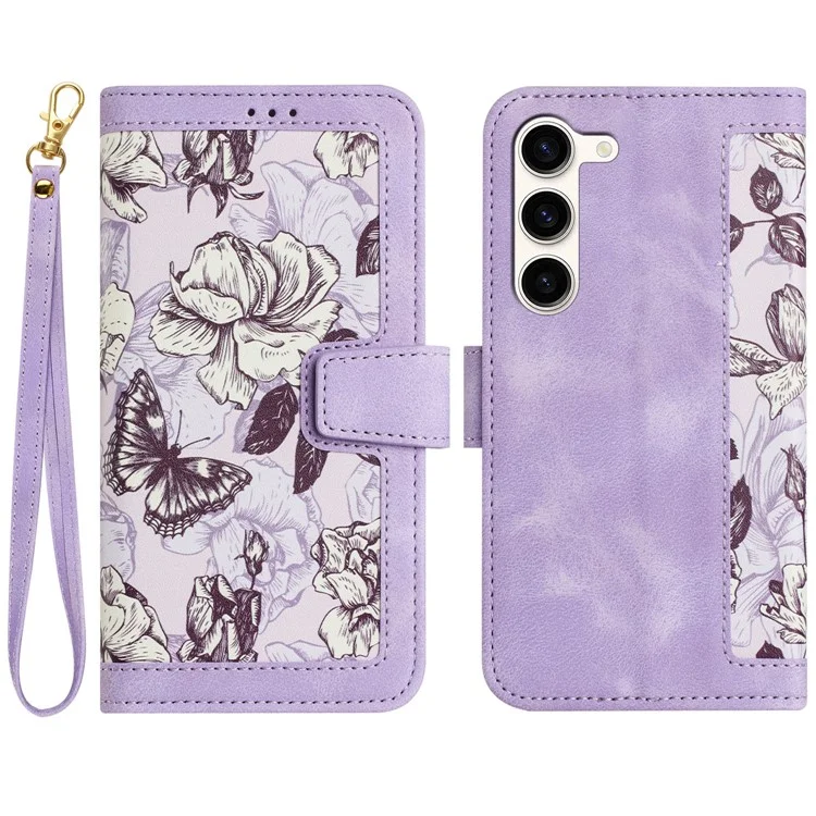 For Samsung Galaxy S23+ Card Holder Phone Case PU Leather Flower Pattern Printing Stand Cover - Light Purple