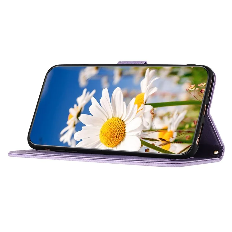 For Samsung Galaxy S23+ Card Holder Phone Case PU Leather Flower Pattern Printing Stand Cover - Light Purple