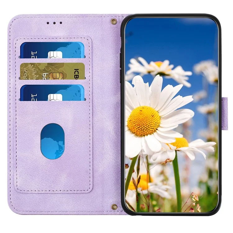 For Samsung Galaxy S23+ Card Holder Phone Case PU Leather Flower Pattern Printing Stand Cover - Light Purple