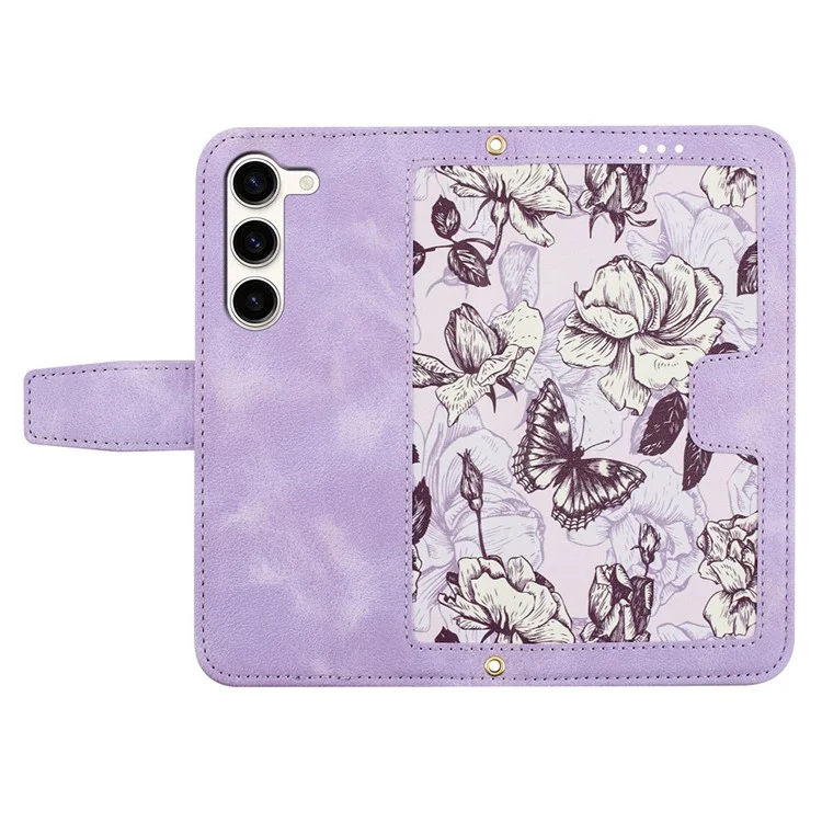 For Samsung Galaxy S23+ Card Holder Phone Case PU Leather Flower Pattern Printing Stand Cover - Light Purple