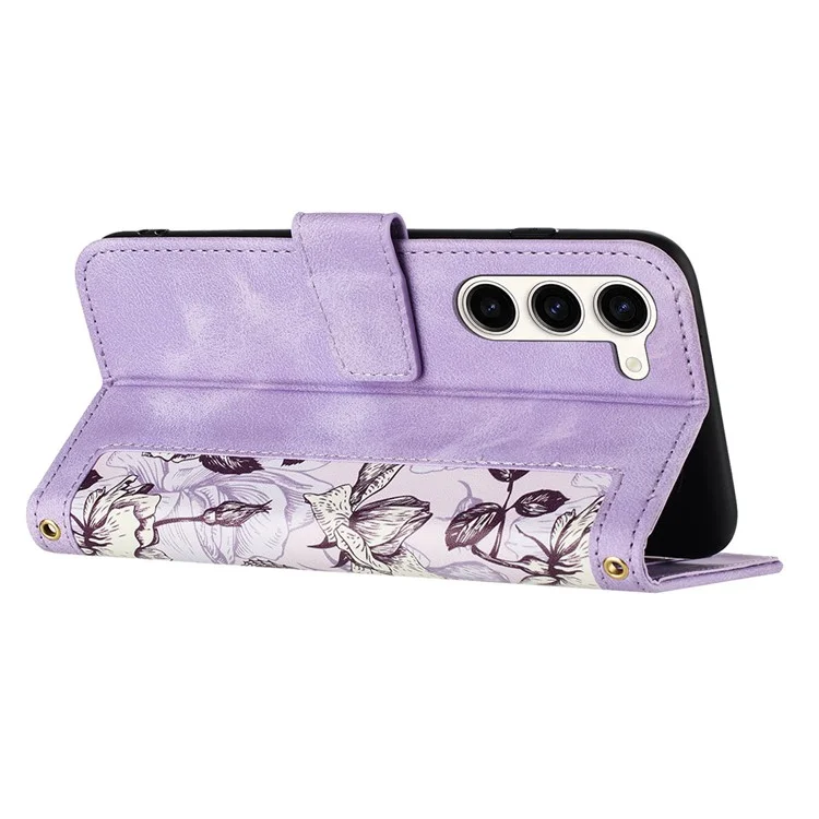 For Samsung Galaxy S23+ Card Holder Phone Case PU Leather Flower Pattern Printing Stand Cover - Light Purple