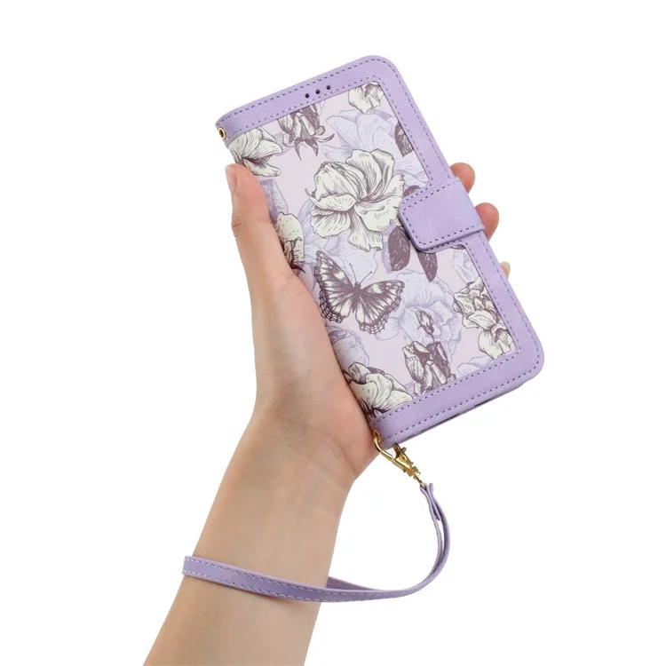 For Samsung Galaxy S23+ Card Holder Phone Case PU Leather Flower Pattern Printing Stand Cover - Light Purple