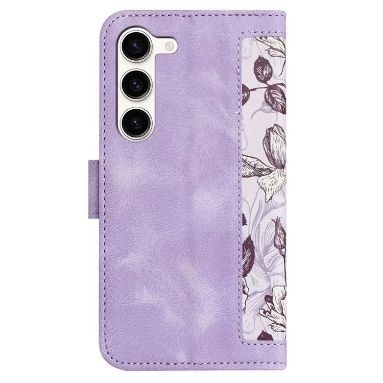 For Samsung Galaxy S23+ Card Holder Phone Case PU Leather Flower Pattern Printing Stand Cover - Light Purple