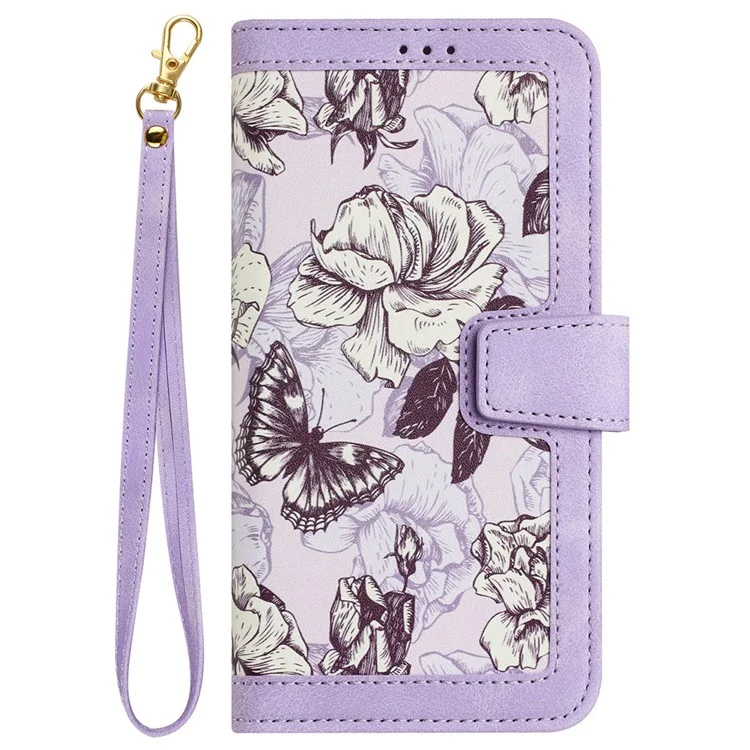 For Samsung Galaxy S23+ Card Holder Phone Case PU Leather Flower Pattern Printing Stand Cover - Light Purple