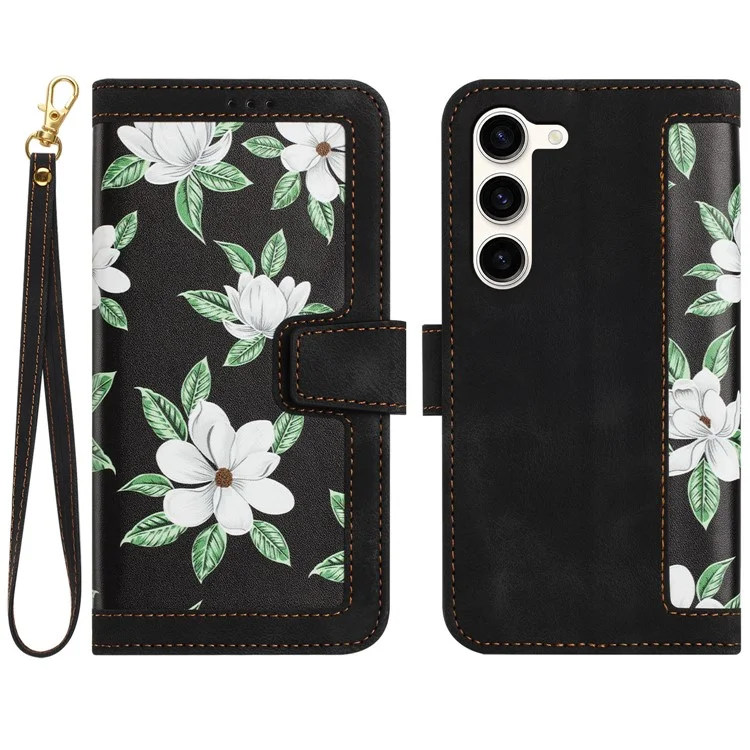 For Samsung Galaxy S23 Flower Pattern Printing Leather Case Phone Cover with Card Slots Stand - Black