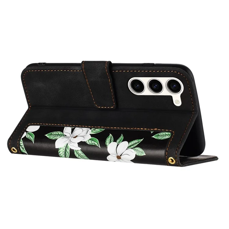 For Samsung Galaxy S23 Flower Pattern Printing Leather Case Phone Cover with Card Slots Stand - Black