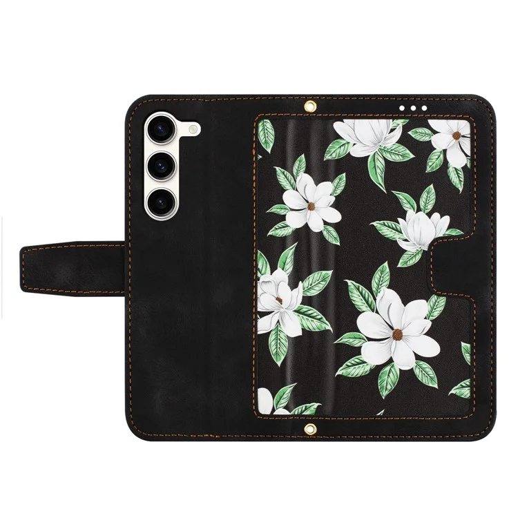 For Samsung Galaxy S23 Flower Pattern Printing Leather Case Phone Cover with Card Slots Stand - Black
