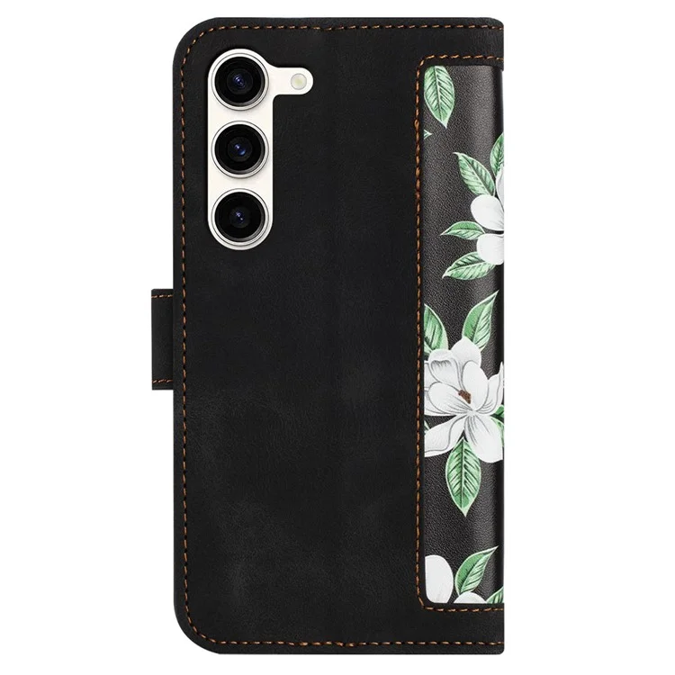 For Samsung Galaxy S23 Flower Pattern Printing Leather Case Phone Cover with Card Slots Stand - Black