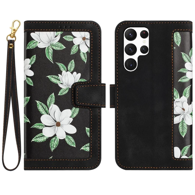 Voor Samsung Galaxy S23 Ultra PU Leather Case met Bloemenpatroon Print, Zwart